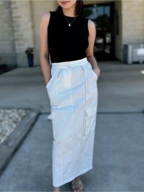 White Cargo Midi Skirt with Utility Pockets